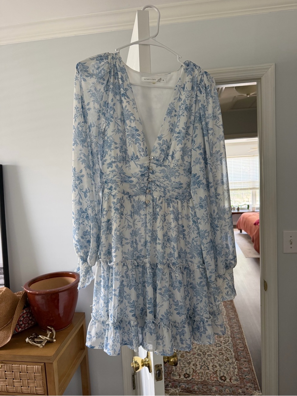 Altar'd State Blue & White Floral V-Neck Tiered Mini Dress